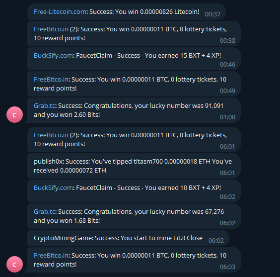 log de coleta do bot faucet collector via telegram